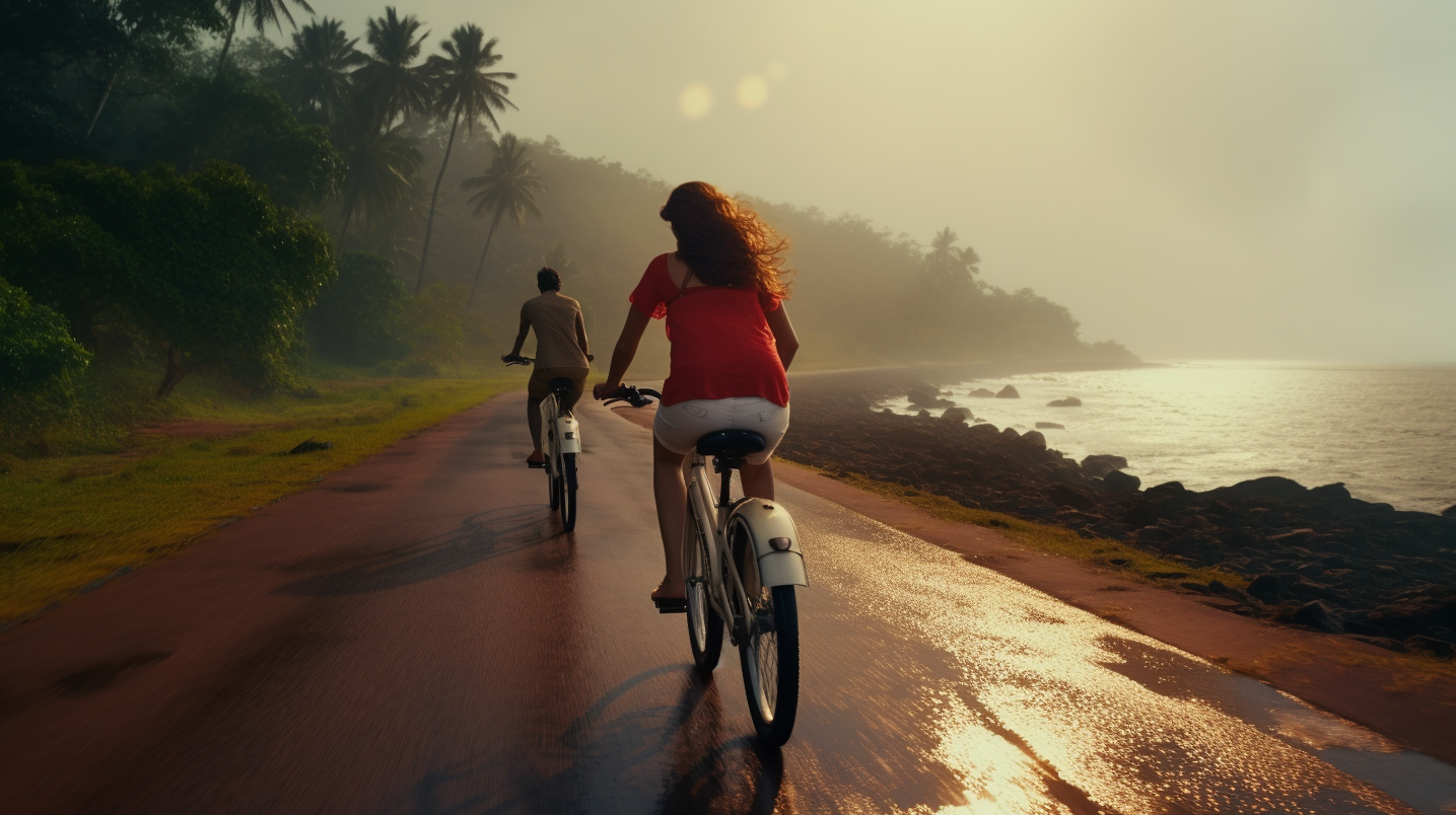 couple enjoying monsoon bike rides in goa